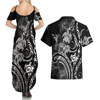 Aloha Hawaii Turtles Floral Couples Matching Summer Maxi Dress and Hawaiian Shirt Obsidian Glaze LT7 - Polynesian Pride