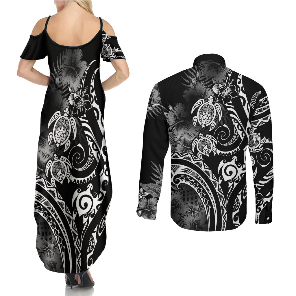 Aloha Hawaii Turtles Floral Couples Matching Summer Maxi Dress and Long Sleeve Button Shirt Obsidian Glaze LT7 - Polynesian Pride