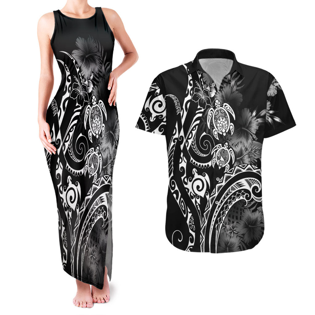 Aloha Hawaii Turtles Floral Couples Matching Tank Maxi Dress and Hawaiian Shirt Obsidian Glaze LT7 Black - Polynesian Pride