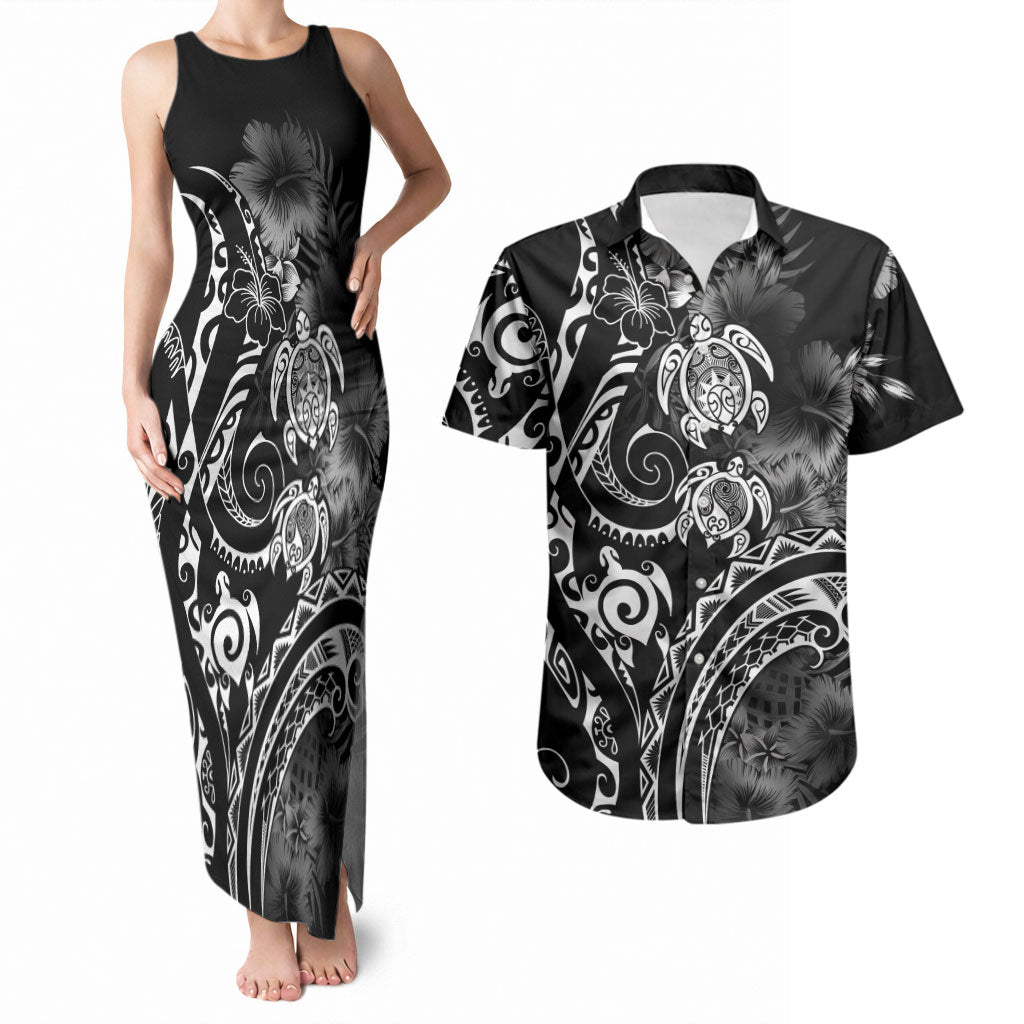 Aloha Hawaii Turtles Floral Couples Matching Tank Maxi Dress and Hawaiian Shirt Obsidian Glaze LT7 Black - Polynesian Pride