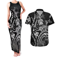 Aloha Hawaii Turtles Floral Couples Matching Tank Maxi Dress and Hawaiian Shirt Obsidian Glaze LT7 Black - Polynesian Pride