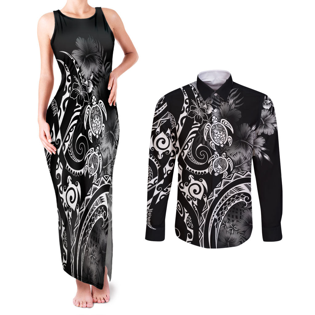 Aloha Hawaii Turtles Floral Couples Matching Tank Maxi Dress and Long Sleeve Button Shirt Obsidian Glaze LT7 Black - Polynesian Pride