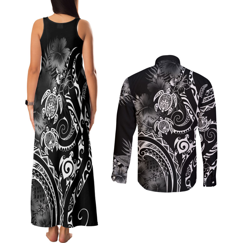 Aloha Hawaii Turtles Floral Couples Matching Tank Maxi Dress and Long Sleeve Button Shirt Obsidian Glaze LT7 - Polynesian Pride