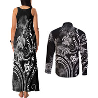 Aloha Hawaii Turtles Floral Couples Matching Tank Maxi Dress and Long Sleeve Button Shirt Obsidian Glaze LT7 - Polynesian Pride