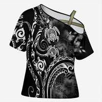 Aloha Hawaii Turtles Floral Cross Shoulder Shirt Obsidian Glaze LT7 Female Black - Polynesian Pride