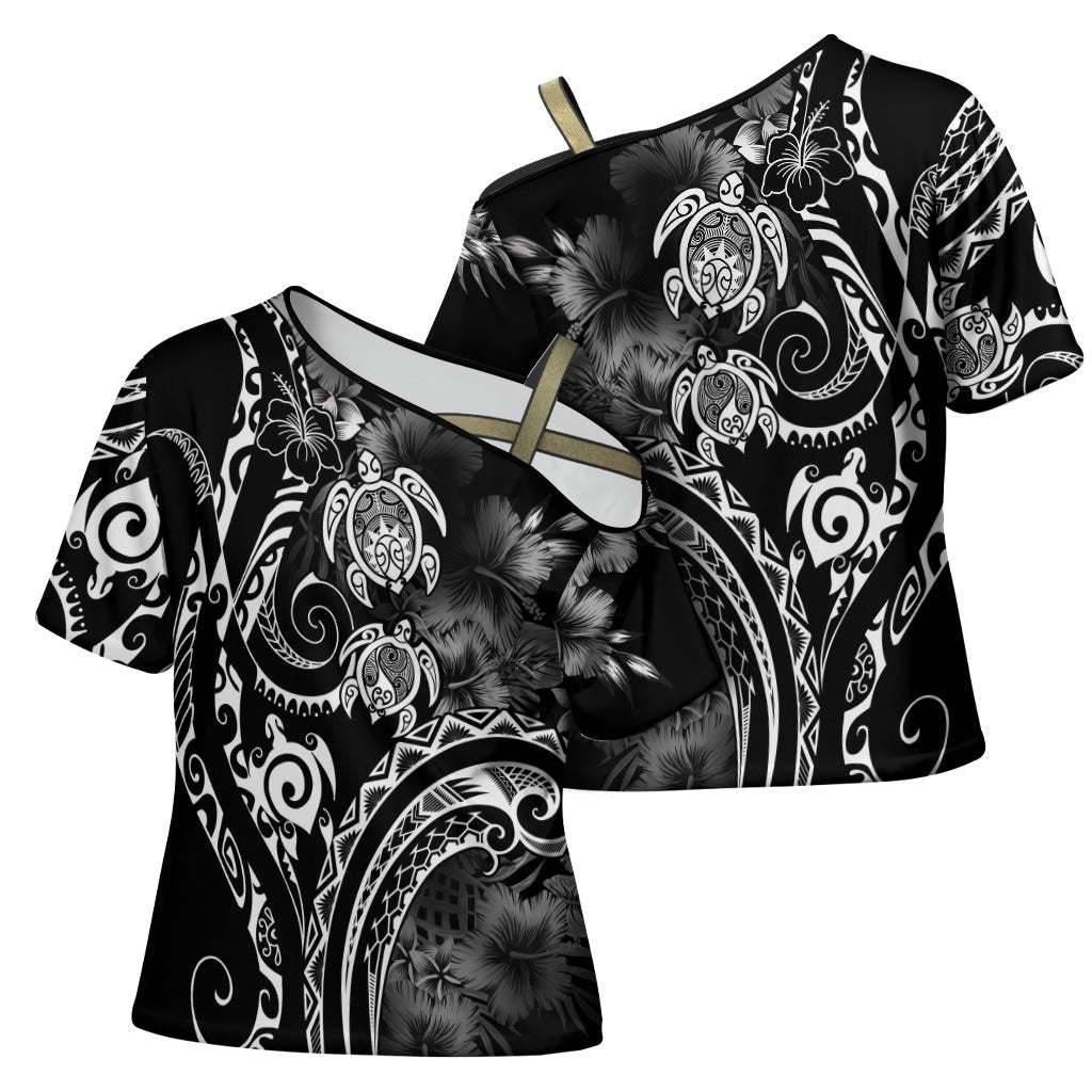 Aloha Hawaii Turtles Floral Cross Shoulder Shirt Obsidian Glaze LT7 - Polynesian Pride