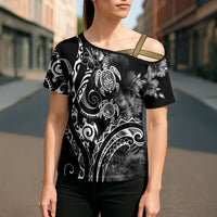 Aloha Hawaii Turtles Floral Cross Shoulder Shirt Obsidian Glaze LT7 - Polynesian Pride