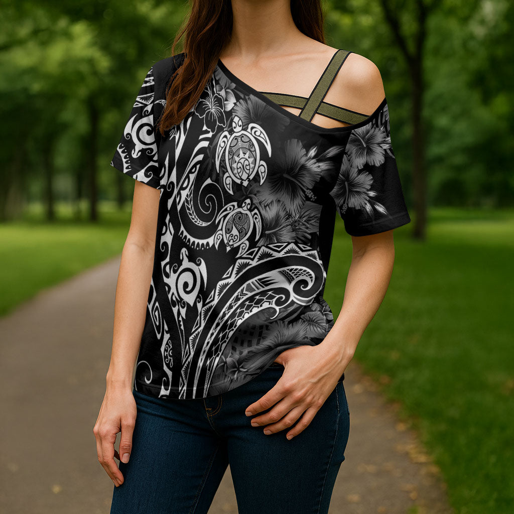 Aloha Hawaii Turtles Floral Cross Shoulder Shirt Obsidian Glaze LT7 - Polynesian Pride