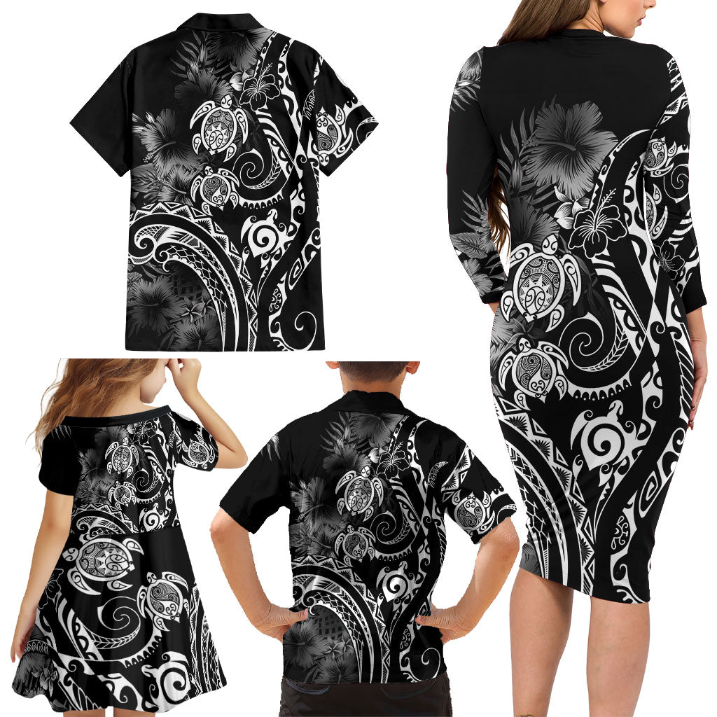 Aloha Hawaii Turtles Floral Family Matching Long Sleeve Bodycon Dress and Hawaiian Shirt Obsidian Glaze LT7 - Polynesian Pride