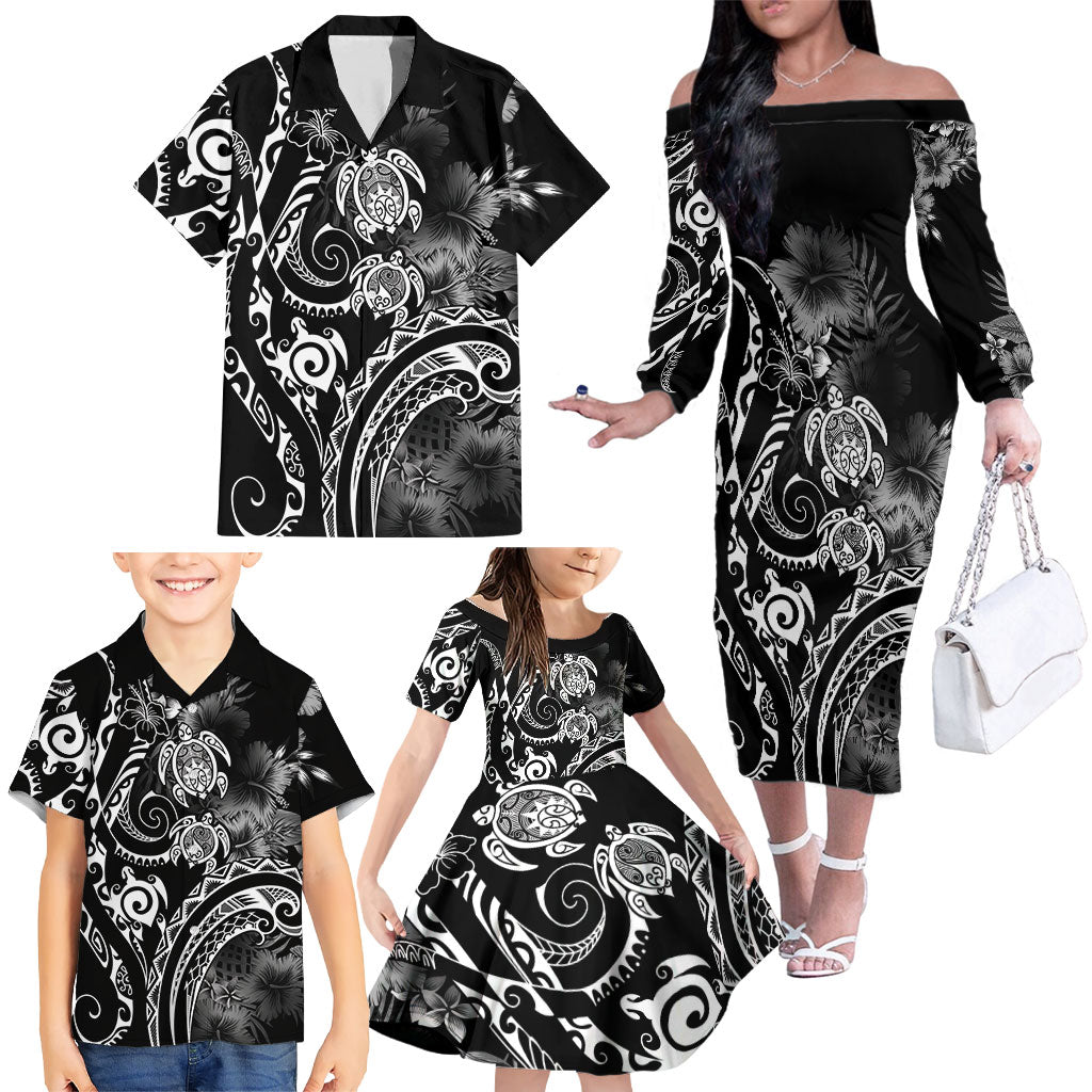 Aloha Hawaii Turtles Floral Family Matching Off The Shoulder Long Sleeve Dress and Hawaiian Shirt Obsidian Glaze LT7 - Polynesian Pride