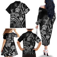 Aloha Hawaii Turtles Floral Family Matching Off The Shoulder Long Sleeve Dress and Hawaiian Shirt Obsidian Glaze LT7 - Polynesian Pride
