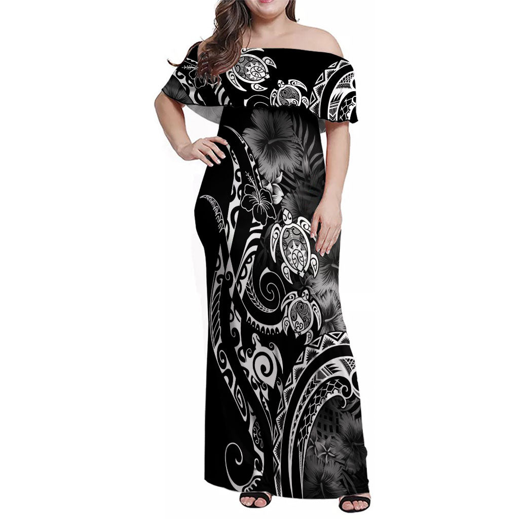 Aloha Hawaii Turtles Floral Family Matching Off Shoulder Maxi Dress and Hawaiian Shirt Obsidian Glaze LT7 Mom's Dress Black - Polynesian Pride