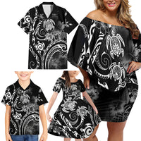 Aloha Hawaii Turtles Floral Family Matching Off Shoulder Short Dress and Hawaiian Shirt Obsidian Glaze LT7 - Polynesian Pride