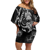 Aloha Hawaii Turtles Floral Family Matching Off Shoulder Short Dress and Hawaiian Shirt Obsidian Glaze LT7 Mom's Dress Black - Polynesian Pride