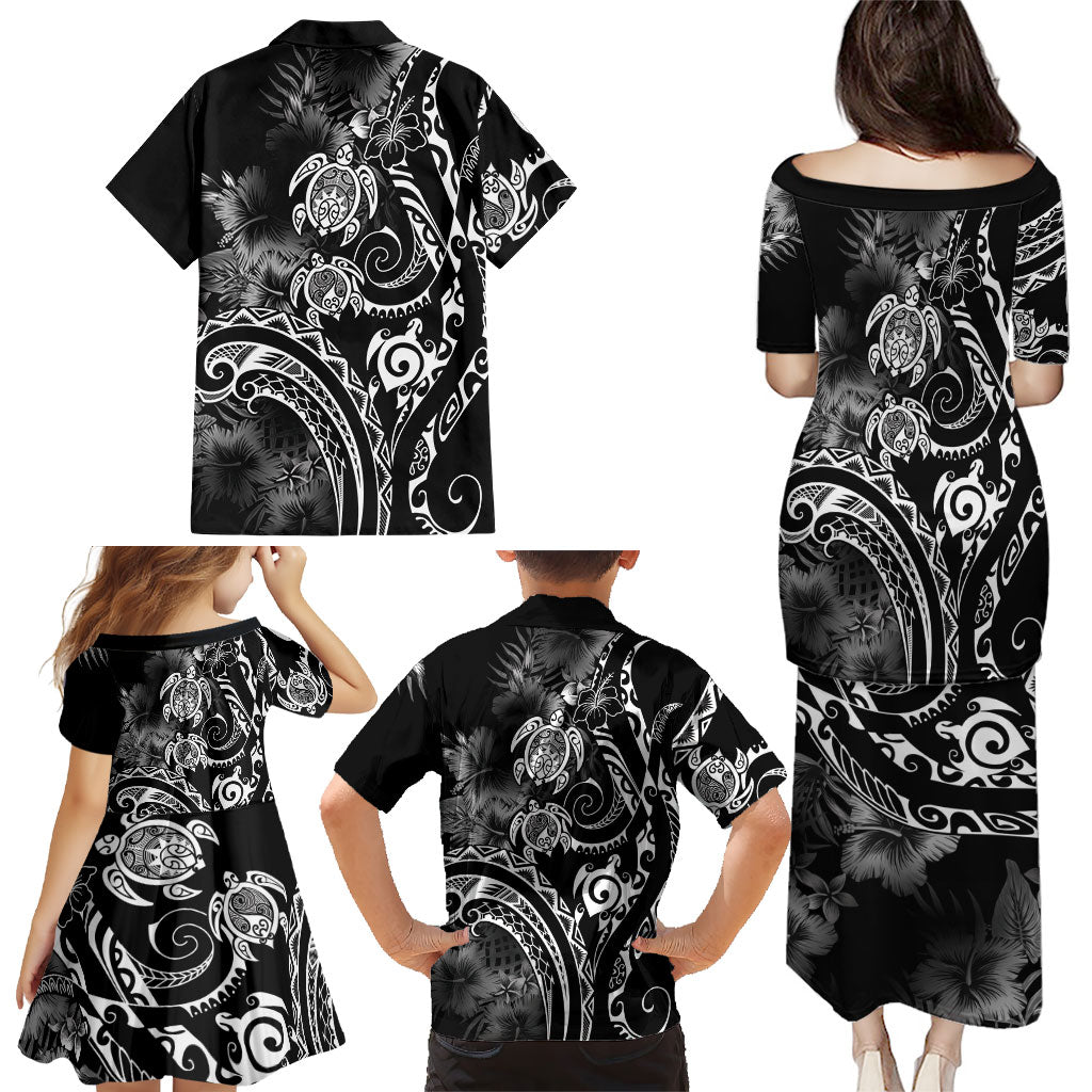 Aloha Hawaii Turtles Floral Family Matching Puletasi and Hawaiian Shirt Obsidian Glaze LT7 - Polynesian Pride