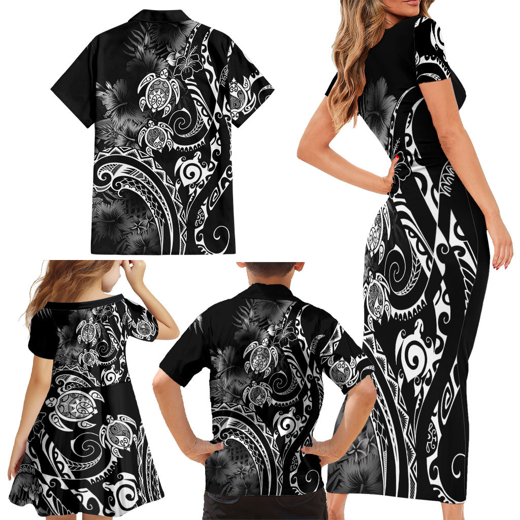 Aloha Hawaii Turtles Floral Family Matching Short Sleeve Bodycon Dress and Hawaiian Shirt Obsidian Glaze LT7 - Polynesian Pride