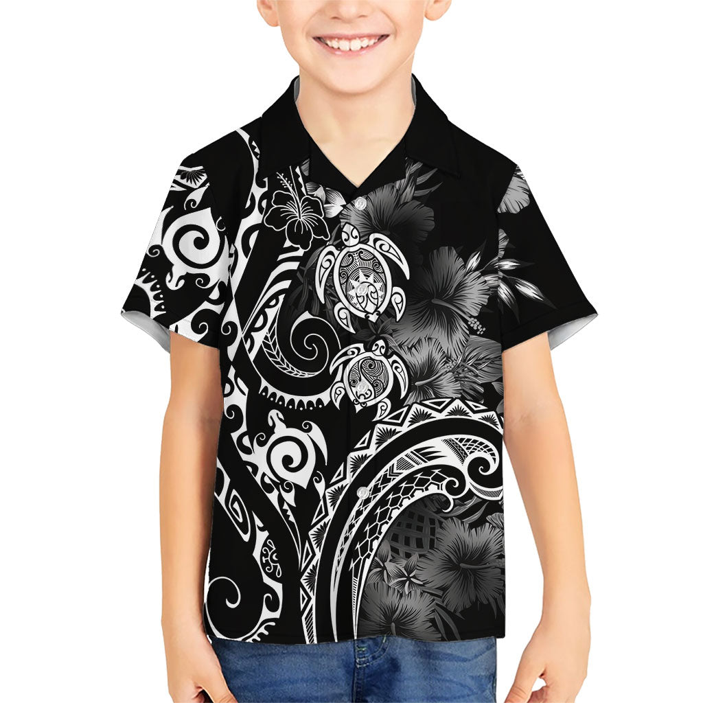 Aloha Hawaii Turtles Floral Kid Hawaiian Shirt Obsidian Glaze LT7 Kid Black - Polynesian Pride