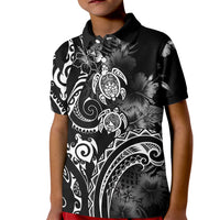 Aloha Hawaii Turtles Floral Kid Polo Shirt Obsidian Glaze LT7 Kid Black - Polynesian Pride