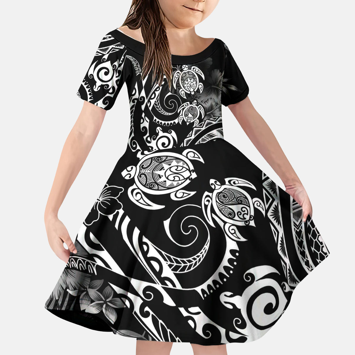 Aloha Hawaii Turtles Floral Kid Short Sleeve Dress Obsidian Glaze LT7 KID Black - Polynesian Pride
