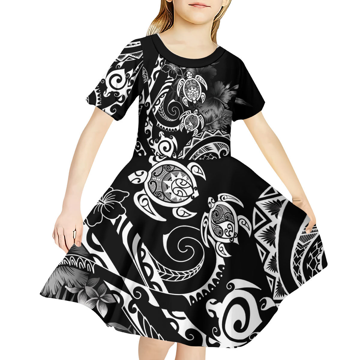Aloha Hawaii Turtles Floral Kid Short Sleeve Dress Obsidian Glaze LT7 - Polynesian Pride