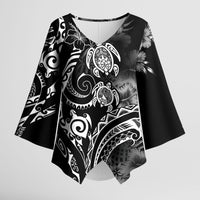Aloha Hawaii Turtles Floral Kimono Sleeve Blouse Obsidian Glaze LT7 Female Black - Polynesian Pride