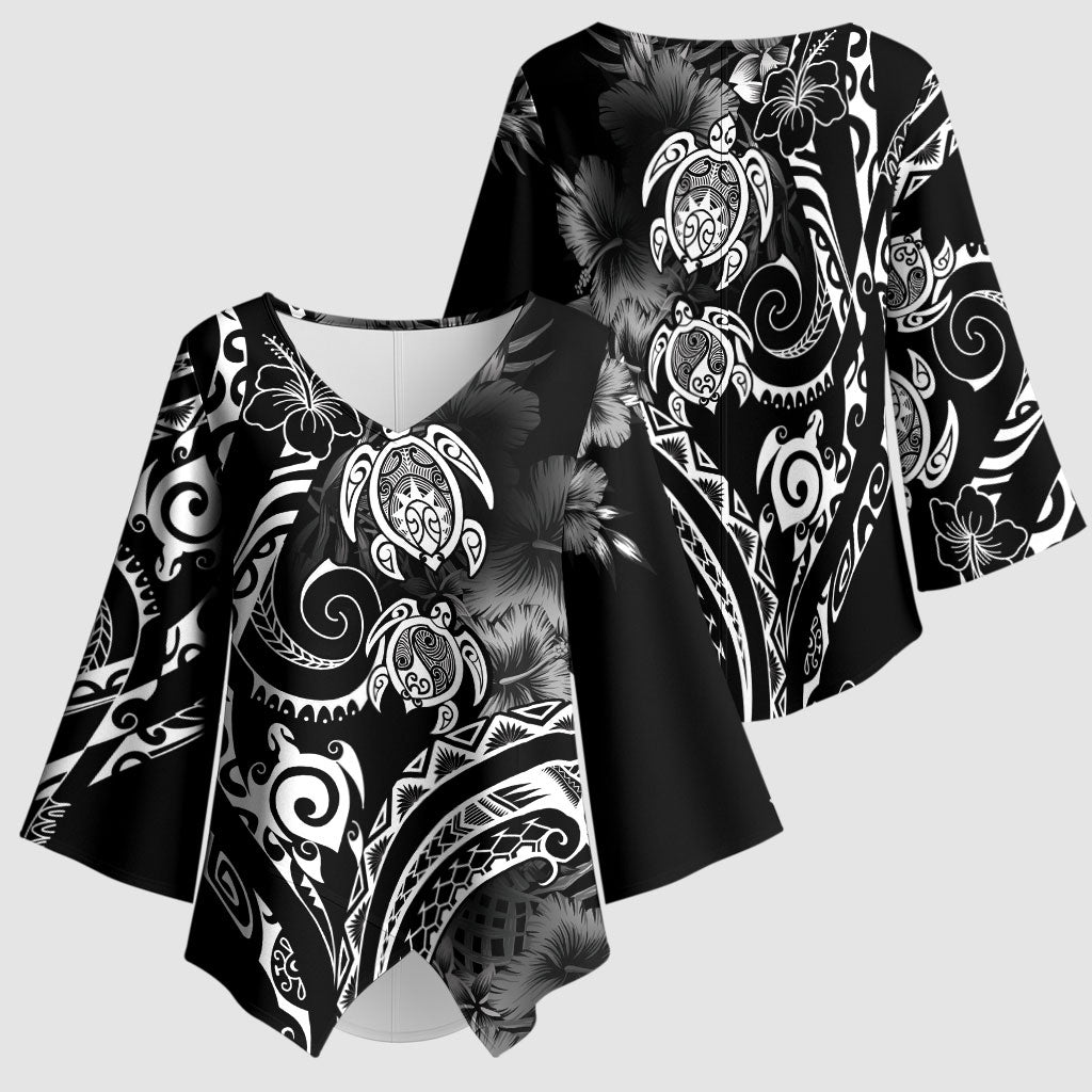 Aloha Hawaii Turtles Floral Kimono Sleeve Blouse Obsidian Glaze LT7 - Polynesian Pride