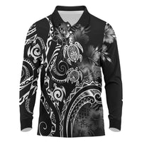 Aloha Hawaii Turtles Floral Long Sleeve Polo Shirt Obsidian Glaze LT7 Black - Polynesian Pride