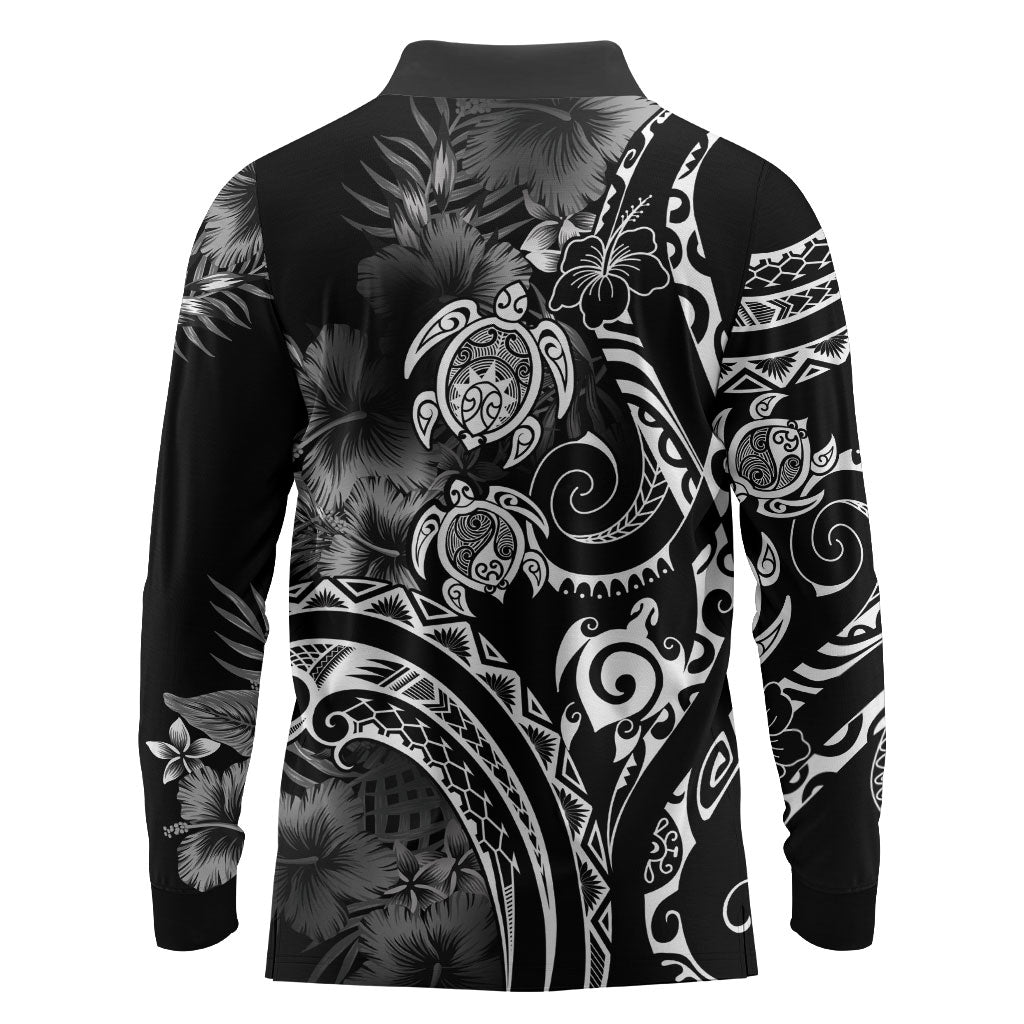 Aloha Hawaii Turtles Floral Long Sleeve Polo Shirt Obsidian Glaze LT7 - Polynesian Pride