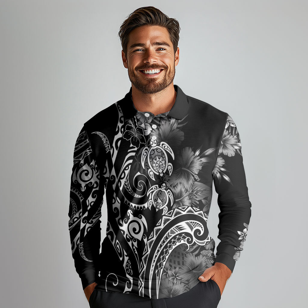 Aloha Hawaii Turtles Floral Long Sleeve Polo Shirt Obsidian Glaze LT7 - Polynesian Pride
