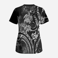 Aloha Hawaii Turtles Floral Scrub Top Obsidian Glaze LT7 - Polynesian Pride