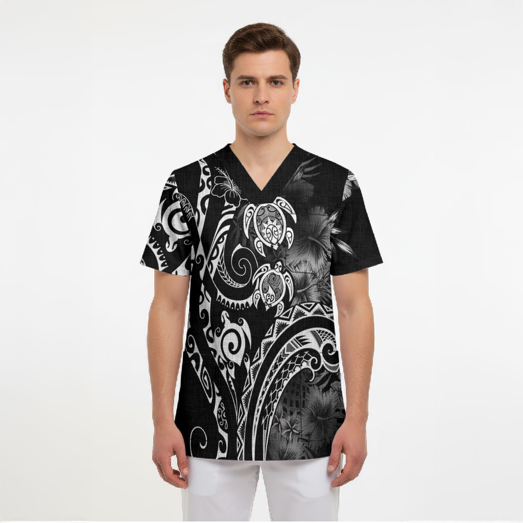 Aloha Hawaii Turtles Floral Scrub Top Obsidian Glaze LT7 - Polynesian Pride