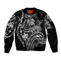 Aloha Hawaii Turtles Floral Sleeve Zip Bomber Jacket Obsidian Glaze LT7 Unisex Black - Polynesian Pride