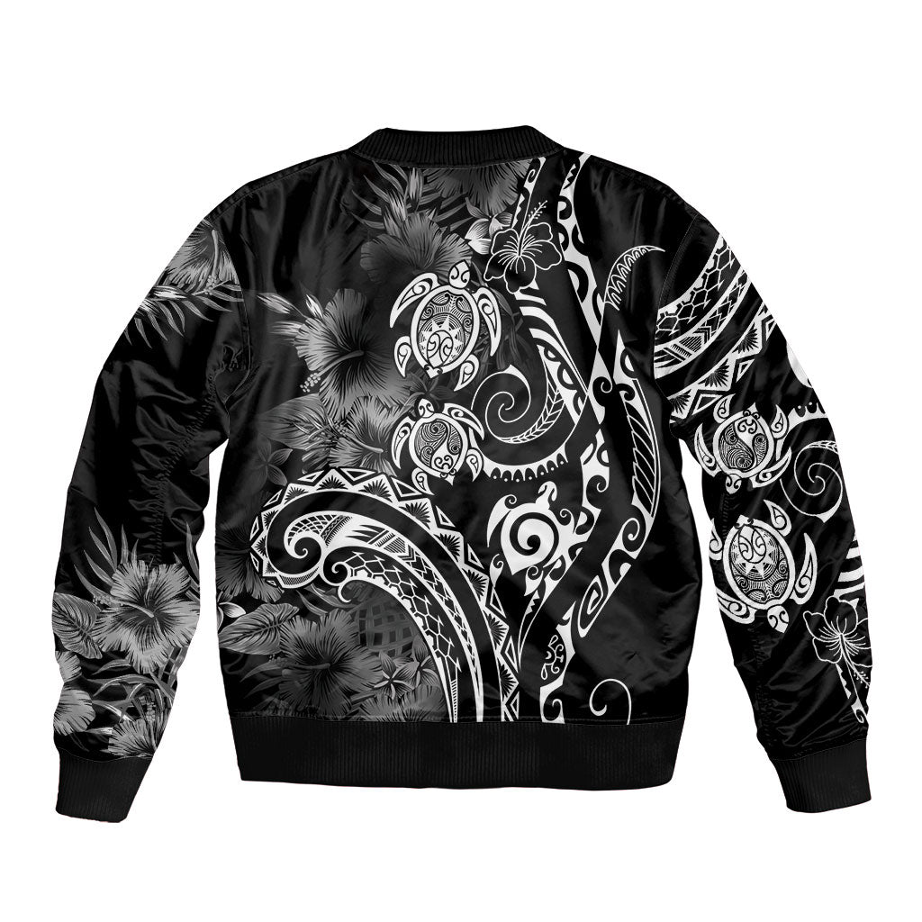 Aloha Hawaii Turtles Floral Sleeve Zip Bomber Jacket Obsidian Glaze LT7 - Polynesian Pride