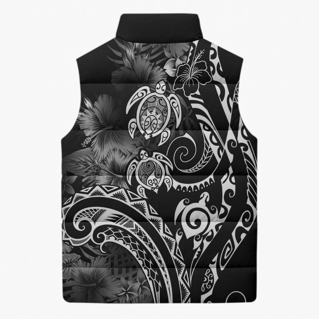 Aloha Hawaii Turtles Floral Sleeveless Puffer Jacket Obsidian Glaze LT7 - Polynesian Pride