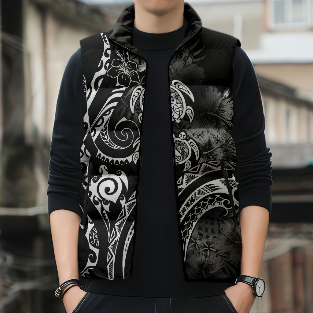 Aloha Hawaii Turtles Floral Sleeveless Puffer Jacket Obsidian Glaze LT7 - Polynesian Pride
