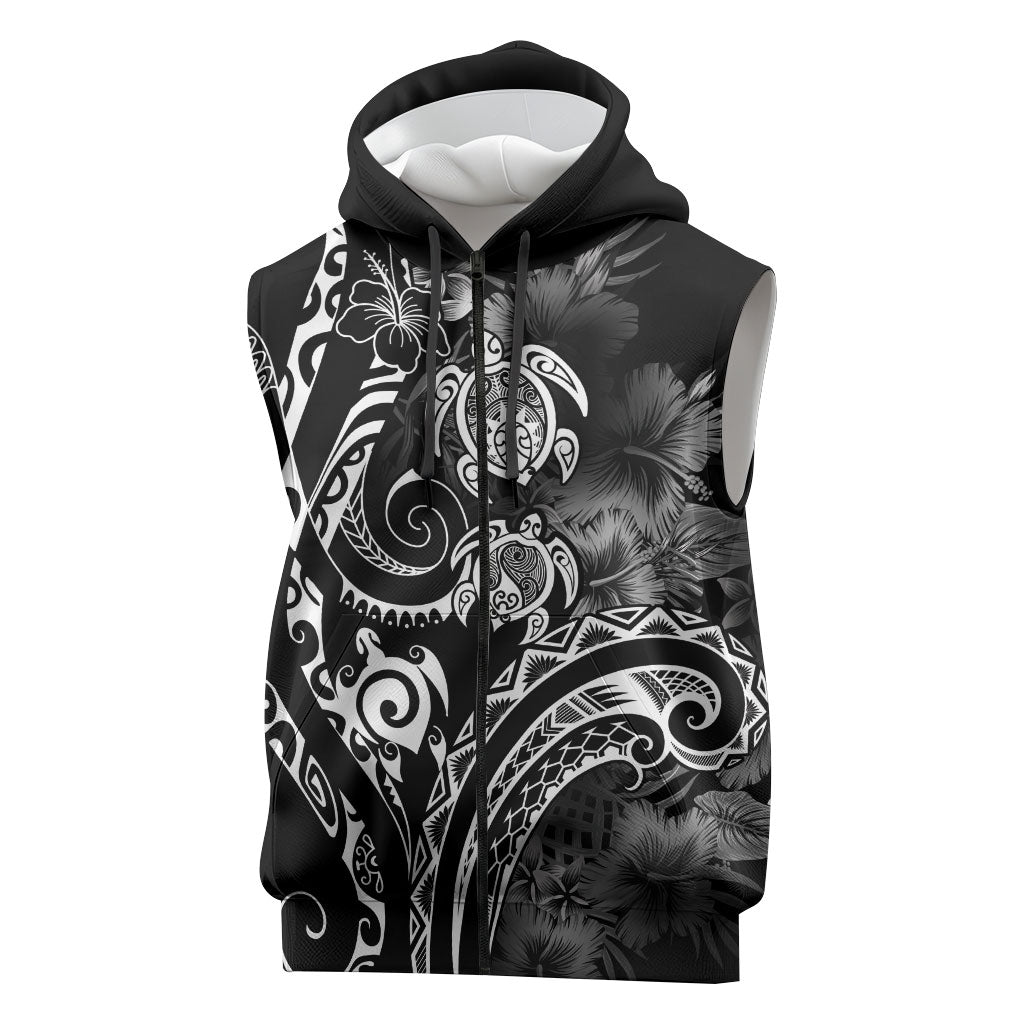 Aloha Hawaii Turtles Floral Sleeveless Zip Hoodie Obsidian Glaze LT7 Black - Polynesian Pride