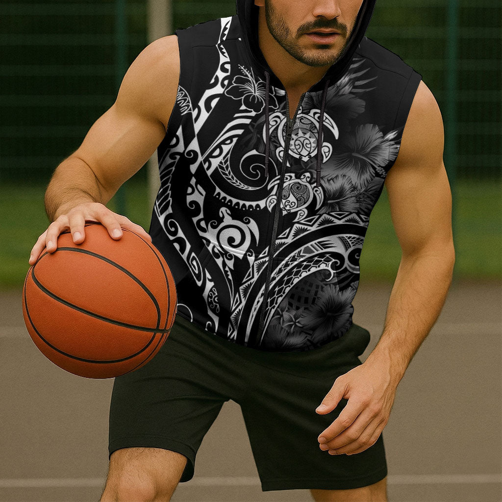 Aloha Hawaii Turtles Floral Sleeveless Zip Hoodie Obsidian Glaze LT7 - Polynesian Pride