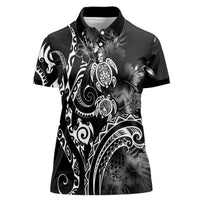 Aloha Hawaii Turtles Floral Women Polo Shirt Obsidian Glaze LT7 Female Black - Polynesian Pride