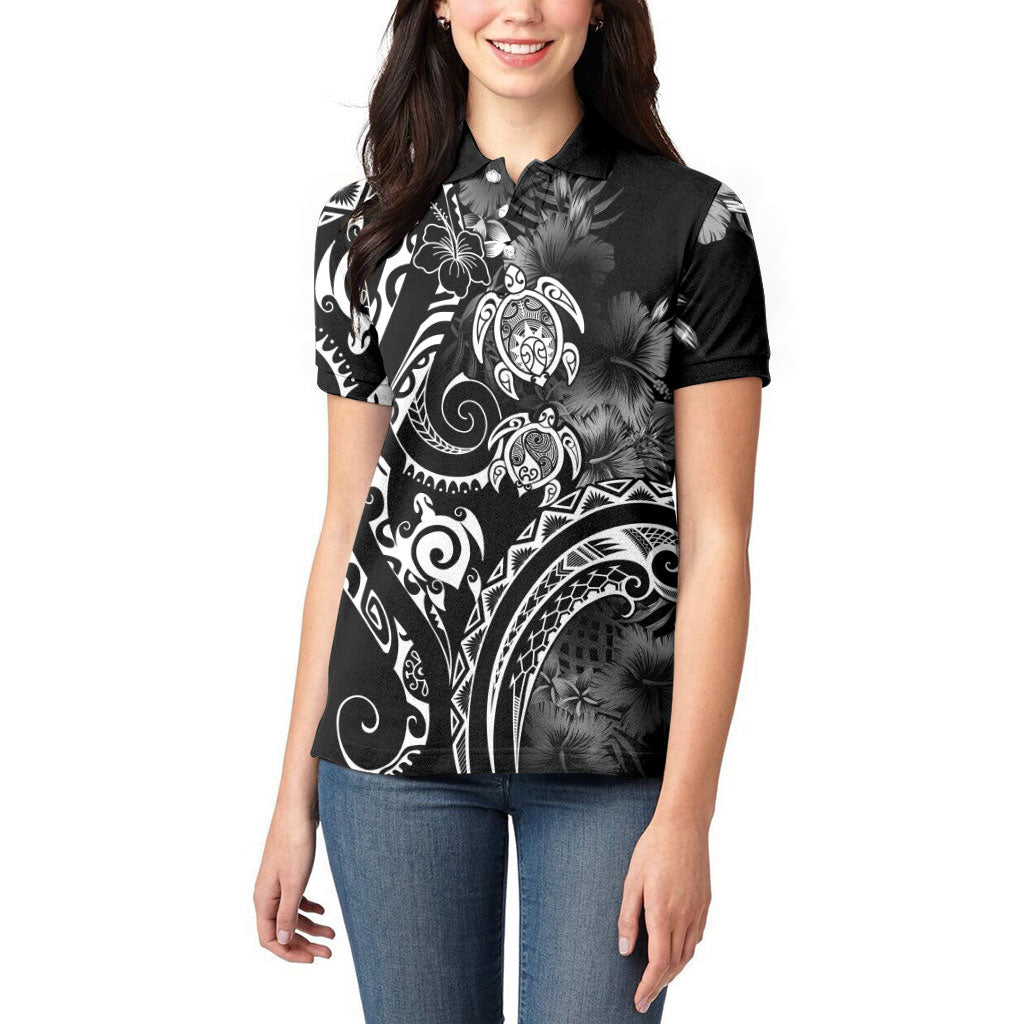 Aloha Hawaii Turtles Floral Women Polo Shirt Obsidian Glaze LT7 - Polynesian Pride