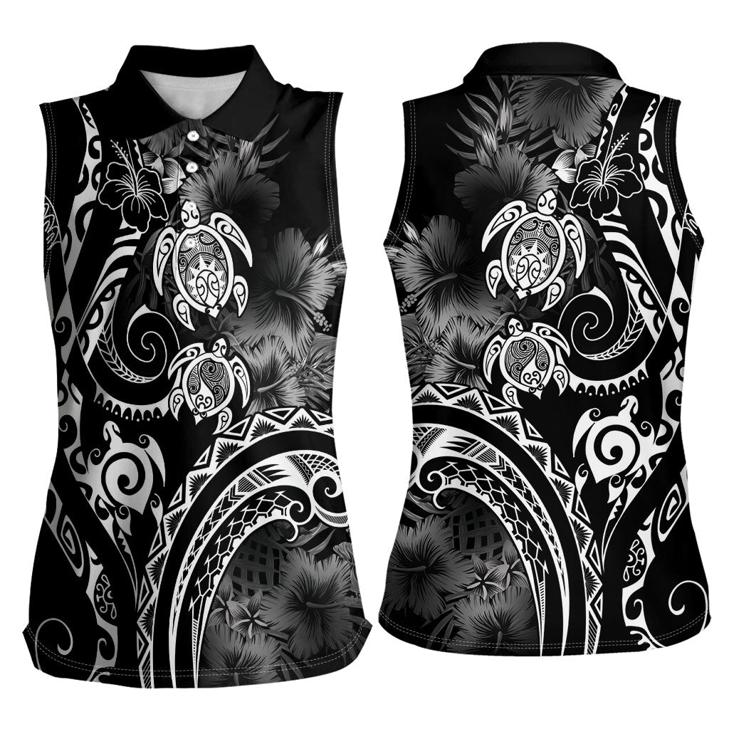 Aloha Hawaii Turtles Floral Women Sleeveless Polo Shirt Obsidian Glaze LT7 - Polynesian Pride