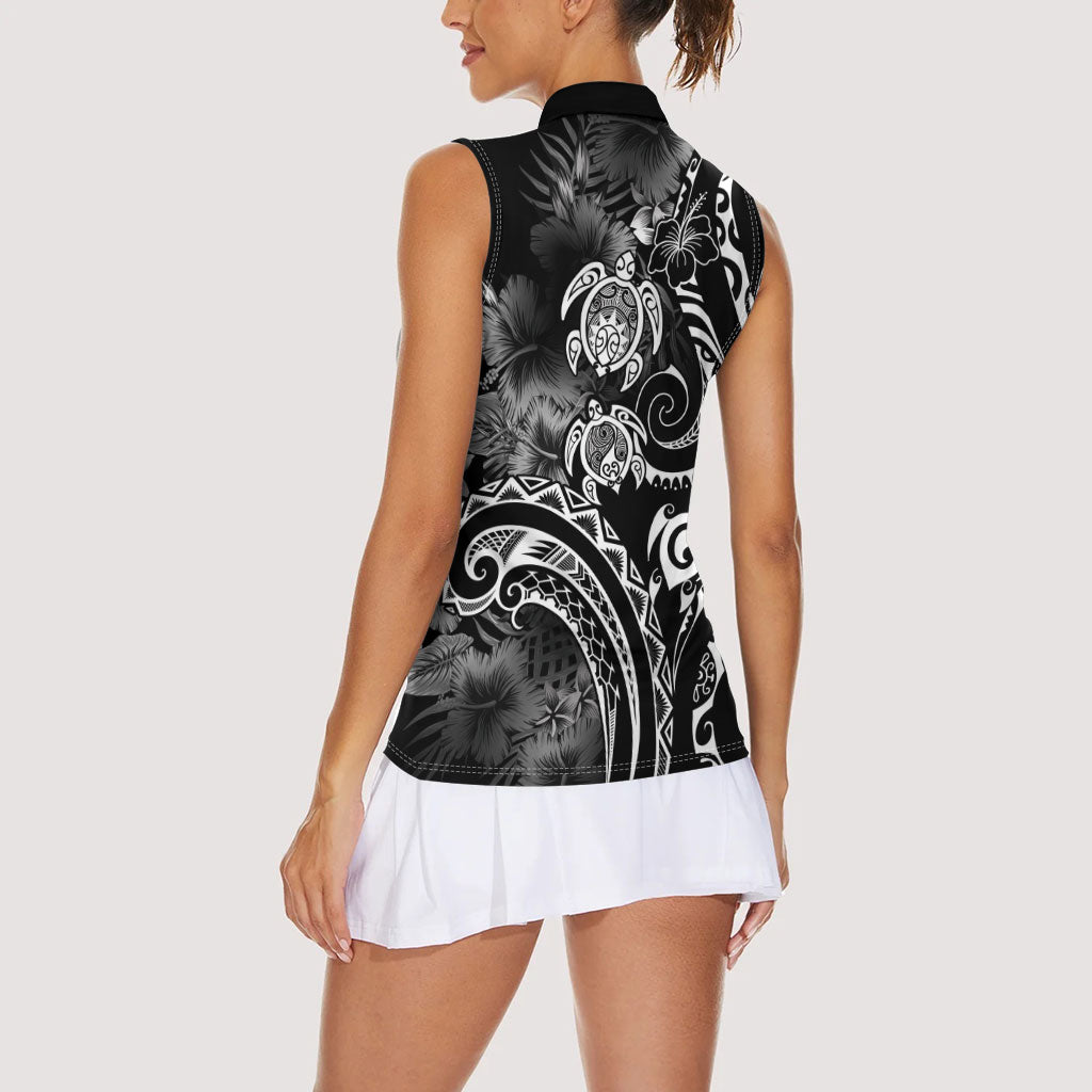 Aloha Hawaii Turtles Floral Women Sleeveless Polo Shirt Obsidian Glaze LT7 - Polynesian Pride