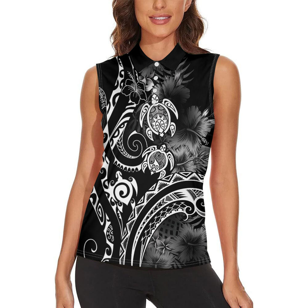 Aloha Hawaii Turtles Floral Women Sleeveless Polo Shirt Obsidian Glaze LT7 - Polynesian Pride