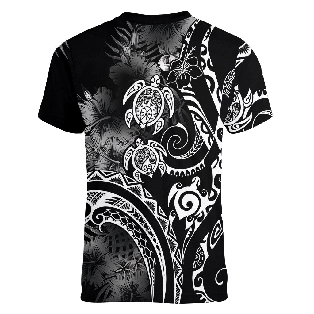 Aloha Hawaii Turtles Floral Women V-Neck T-Shirt Obsidian Glaze LT7 - Polynesian Pride