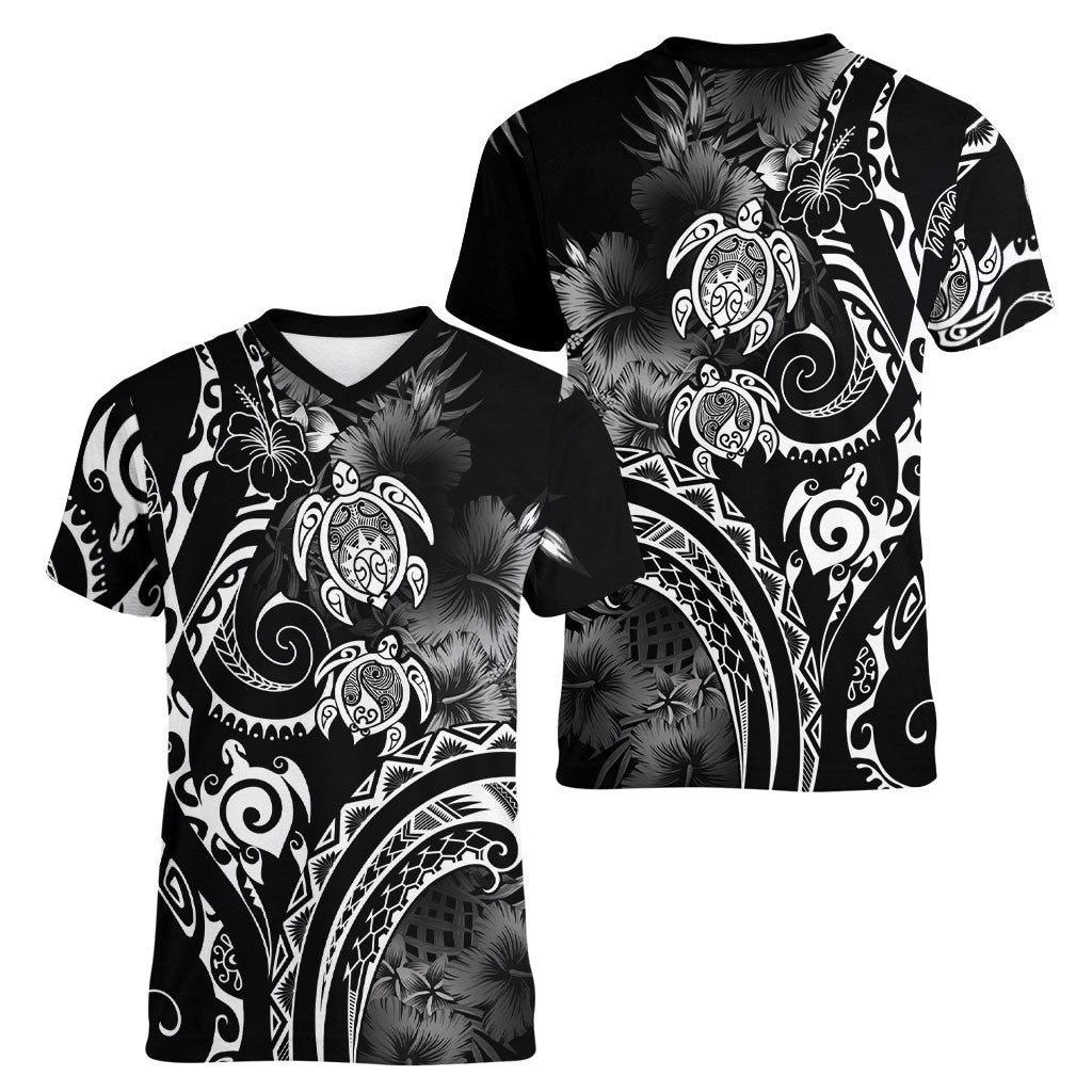 Aloha Hawaii Turtles Floral Women V-Neck T-Shirt Obsidian Glaze LT7 - Polynesian Pride