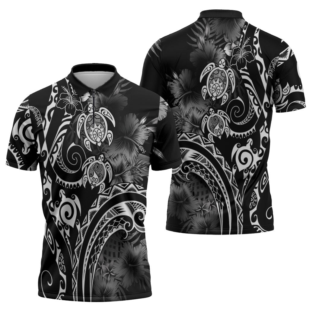 Aloha Hawaii Turtles Floral Zipper Polo Shirt Obsidian Glaze LT7 - Polynesian Pride