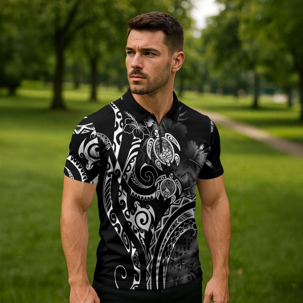 Aloha Hawaii Turtles Floral Zipper Polo Shirt Obsidian Glaze LT7 - Polynesian Pride
