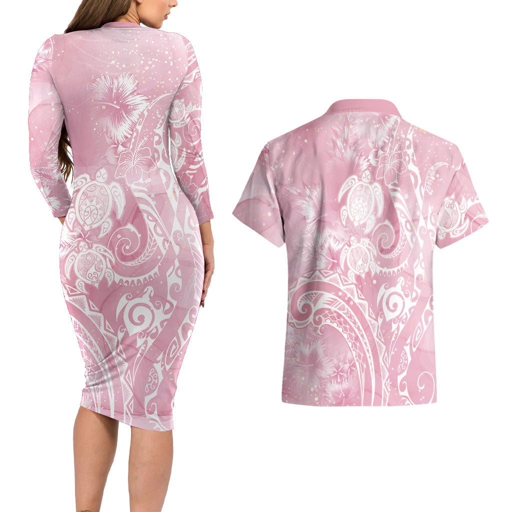 Aloha Hawaii Turtles Floral Couples Matching Long Sleeve Bodycon Dress and Hawaiian Shirt Pink Marbles Glaze LT7 - Polynesian Pride