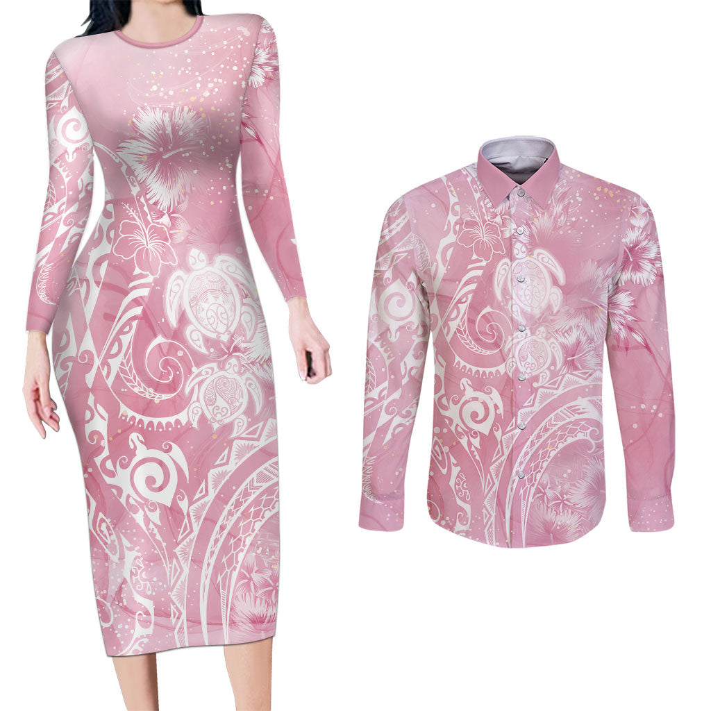 Aloha Hawaii Turtles Floral Couples Matching Long Sleeve Bodycon Dress and Long Sleeve Button Shirt Pink Marbles Glaze LT7 Pink - Polynesian Pride