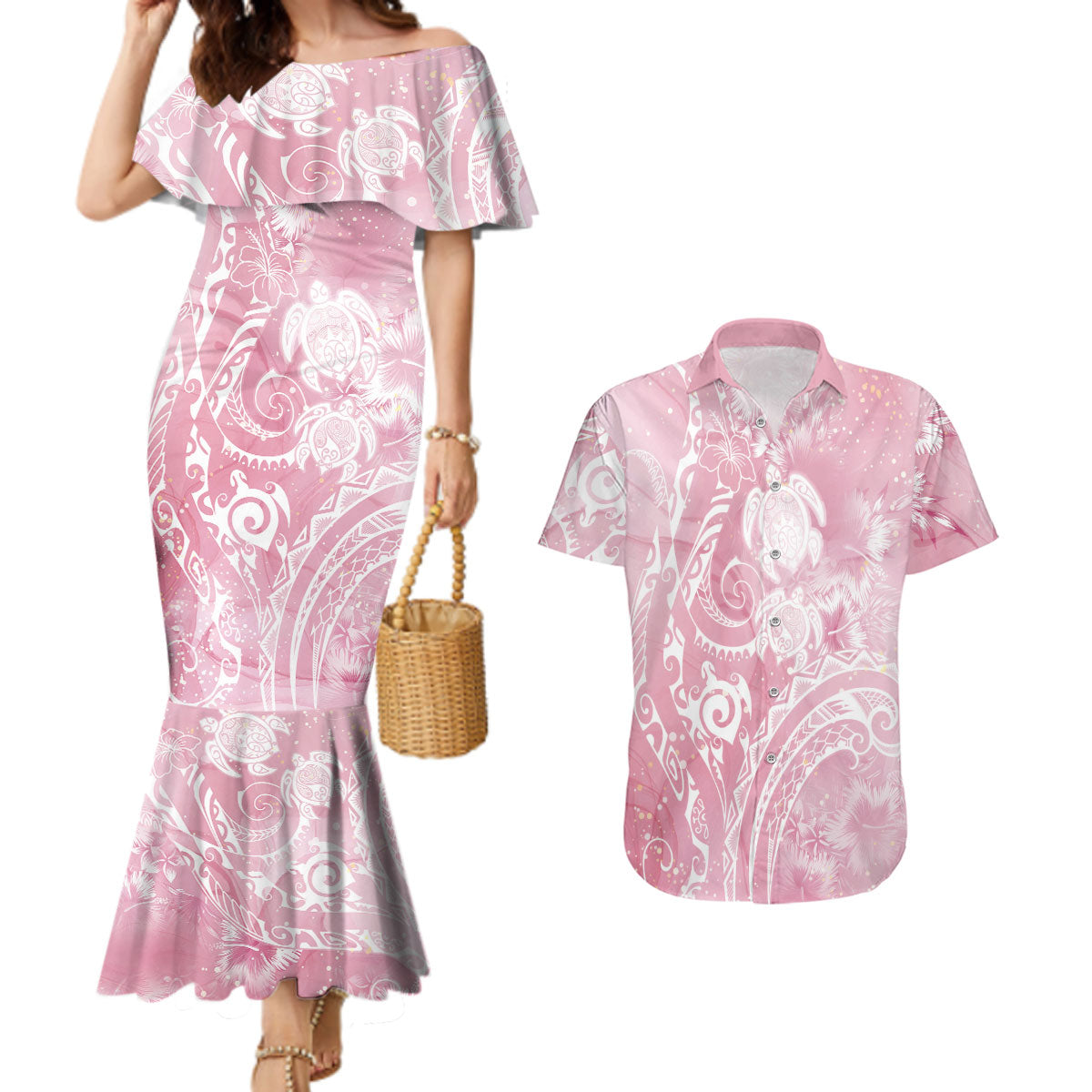 Aloha Hawaii Turtles Floral Couples Matching Mermaid Dress and Hawaiian Shirt Pink Marbles Glaze LT7 Pink - Polynesian Pride