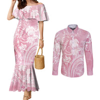 Aloha Hawaii Turtles Floral Couples Matching Mermaid Dress and Long Sleeve Button Shirt Pink Marbles Glaze LT7 Pink - Polynesian Pride